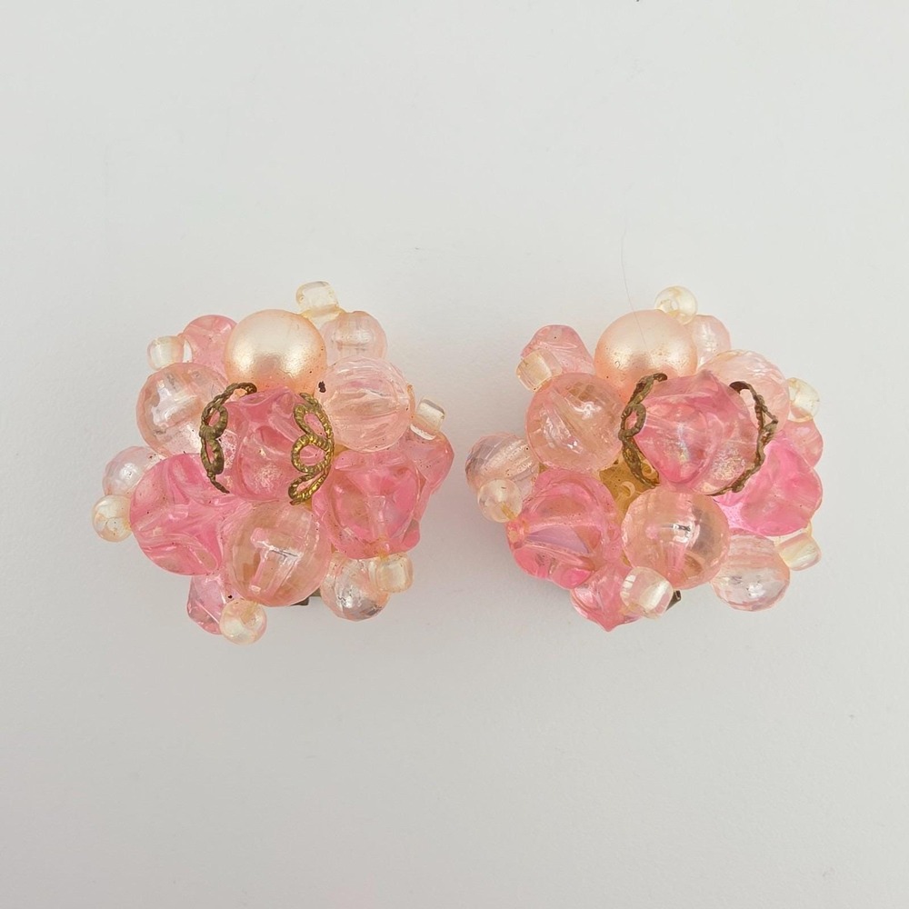 Vtg GERMANY Clip-On Earrings Mid-Century Variegated Pink Lucite Bead Brass Tone